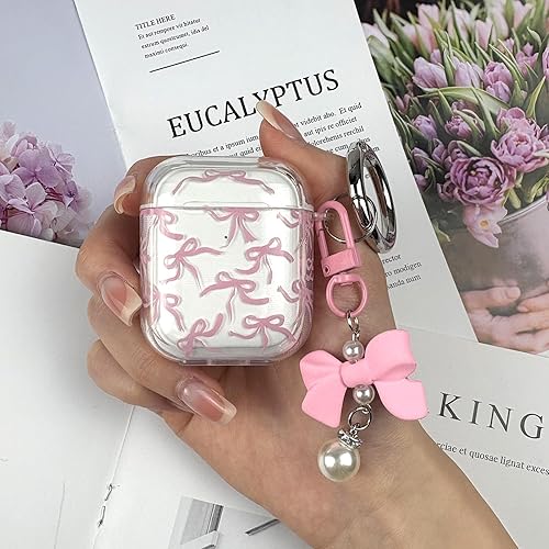 Miniatura 6 de Funda compatible con AirPods, funda de TPU suave con bonito patrón de flores para AirPods de 2 y 1 generación con llavero colgante y mosquetón para