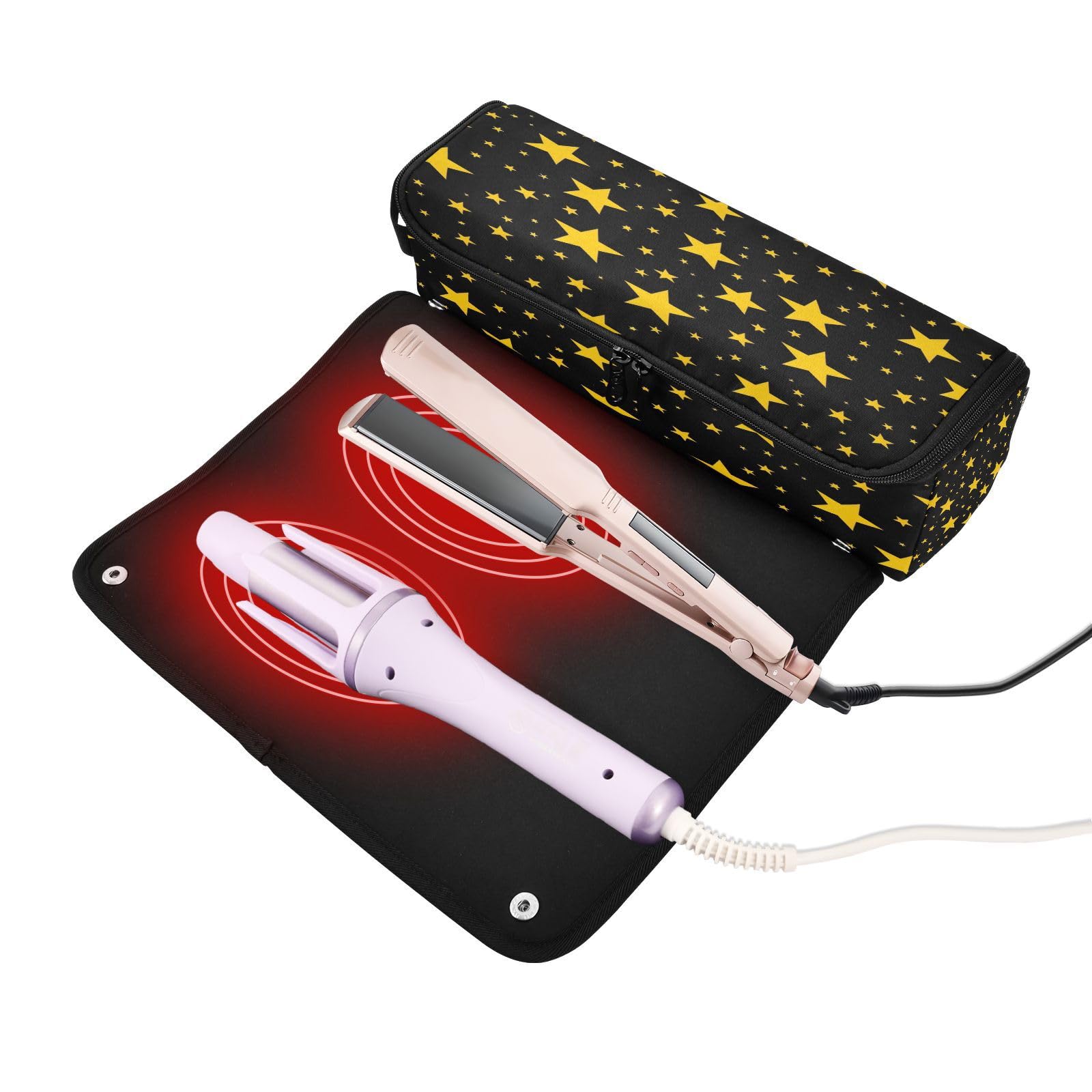 Bulletgxll Yellow Stars Hair Tools Travel Bag Portable Hair Accessory Organizer with Heat Resistant Mat 2 in 1 Curling Iron Travel Carrying Case, Travel Essentials for Women
