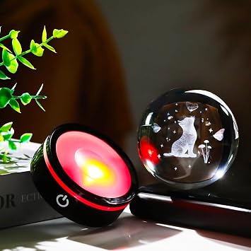 YWHL 3D Crystal Cat Butterfly Figurines Ball with Colorful Light Base, Laser Engraved Cat Gifts for Women Men on Birthday, Animal Snow Globes Figurine Collection for Home Decor