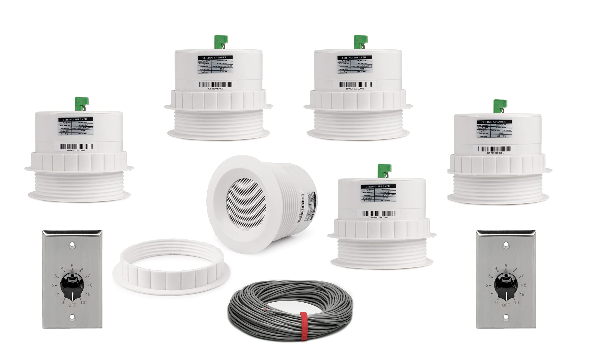 Pure Resonance Audio 3 Inch 70 Volt Ceiling Speaker Bundle with 100W Stainless Steel Volume Control and Installation Wire - Contractor Pack (6 Speakers)
