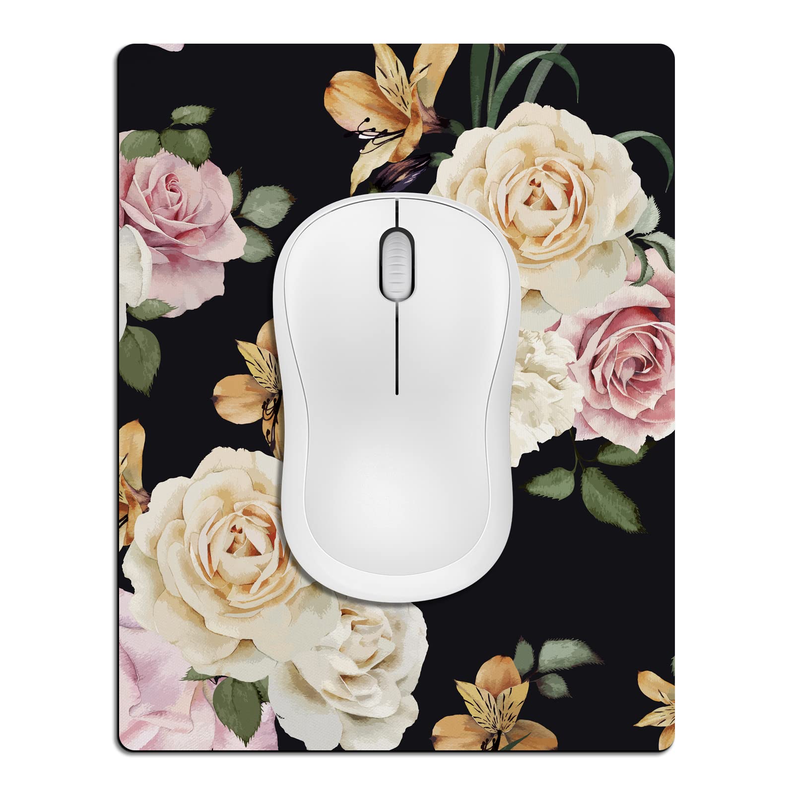Cyanbone Small Mouse Pad Cute, Mini Mouse Pads for Wireless Mouse and Laptop, Travel Mousepads with Design - Floral on Black Background, Portable Mousepad 5.5 x 7 In, Pretty Desk Accessories for Women