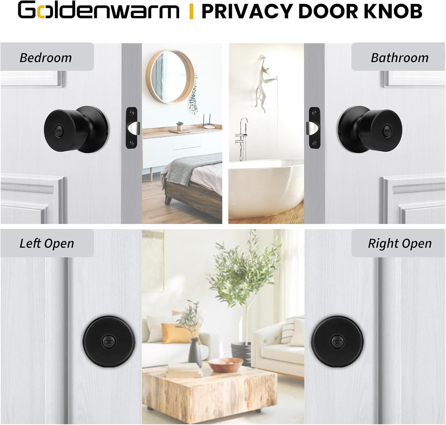 Goldenwarm Black Door Knobs Interior, Privacy Door Knob Black Door Knobs Interior Bulk Matte Black Privacy Door Knobs for Bedroom or Bathroom (6 Pack)