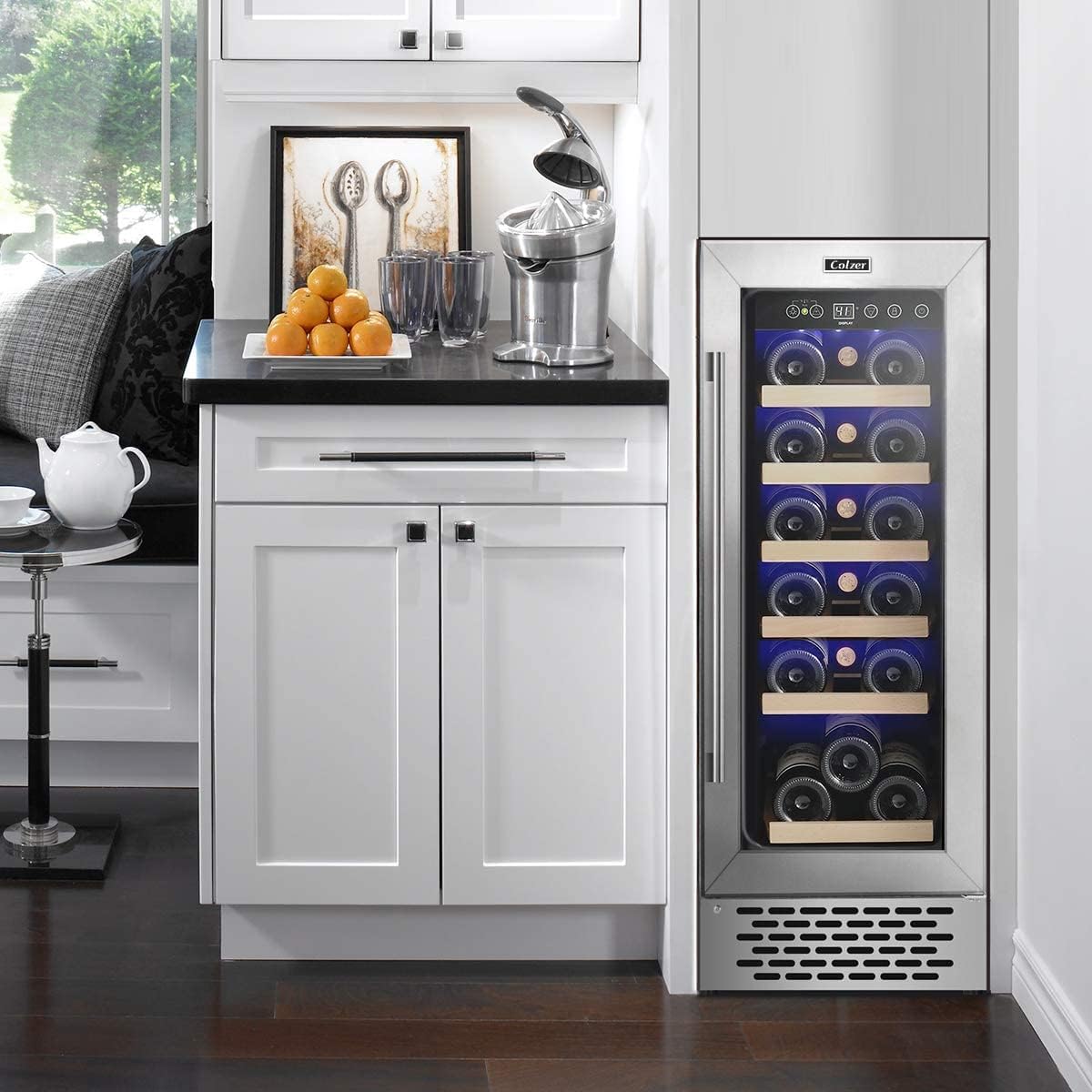 COLZER Elegant Mini Wine Fridge 18 Bottle 12 inch Wine Cooler Refrigerator, Built-in or Freestanding Wine Cooler, Stainless Steel Double-Layer Tempered Glass Door