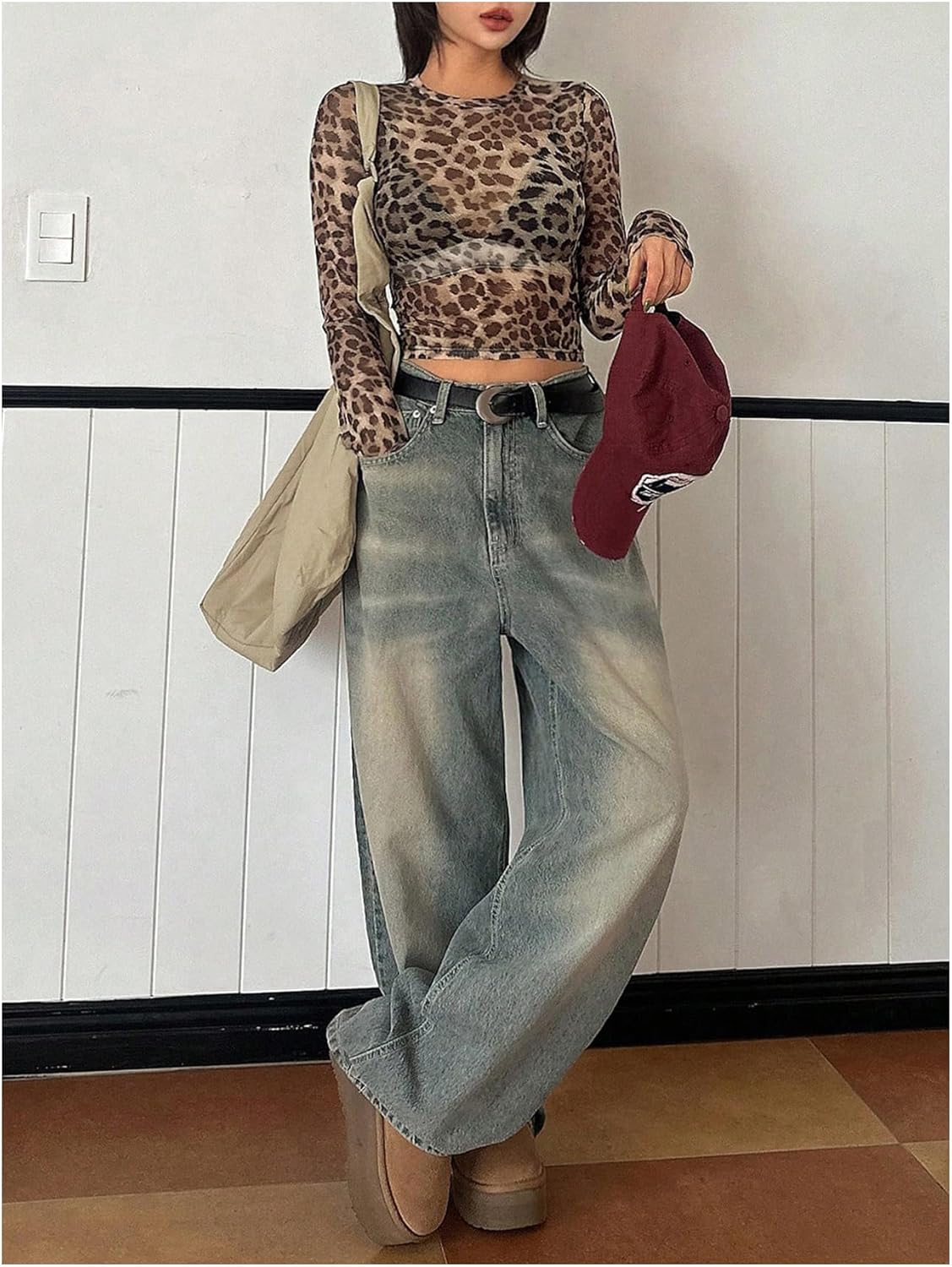 WDIRARA Women's Leopard Mesh Sheer Top Crew Neck Long Sleeve Tee Shirt Fitted Top - Image 6