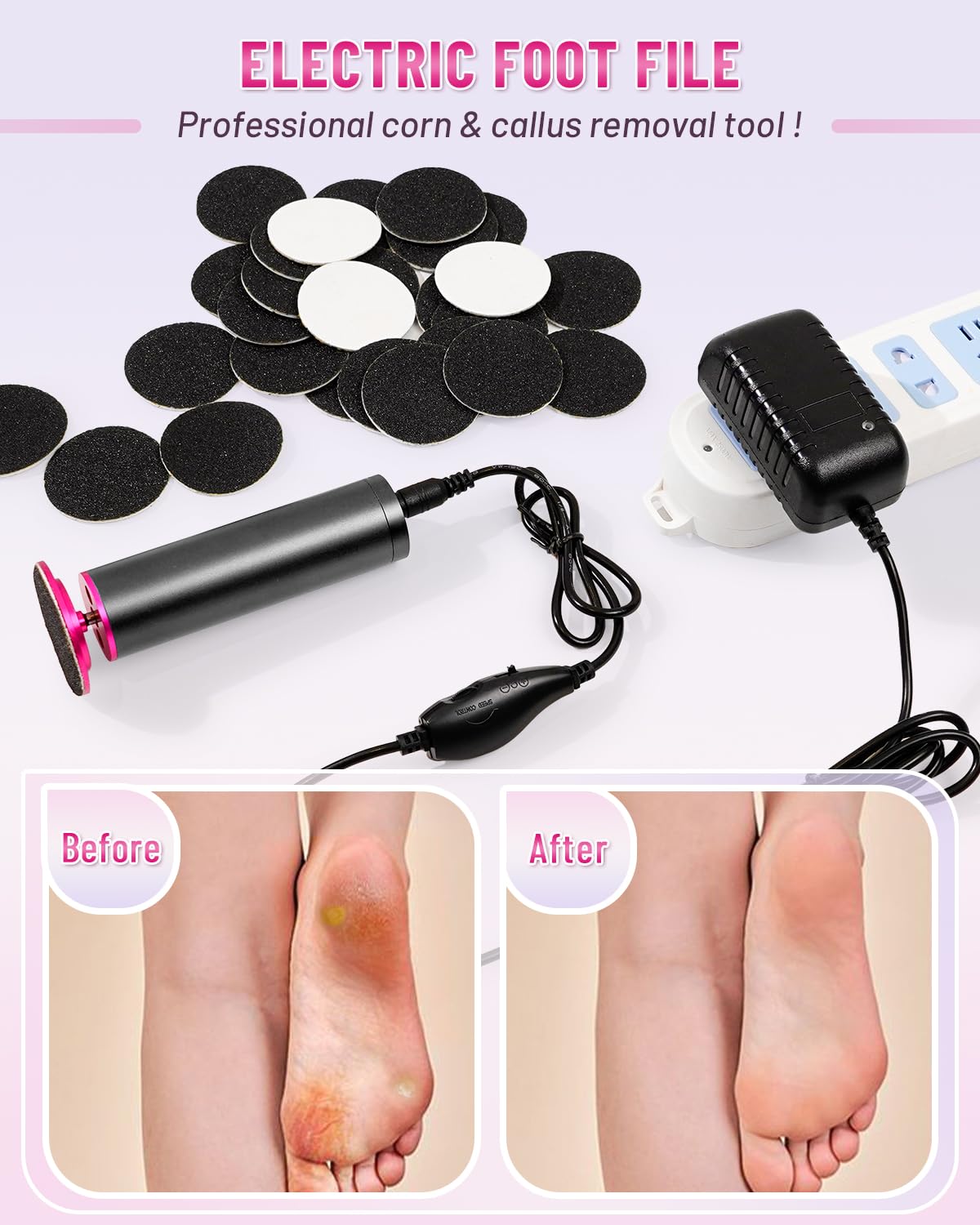 DERMAWAVE Elektryczny pilnik do stóp, narzędzie do usuwania zrogowaciałych stóp, profesjonalne narzędzie do pedicure z 60 tarczami z papieru ściernego, dla mężczyzn i kobiet