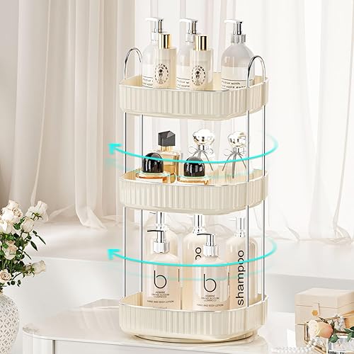 Miniatura 3 de Seoneiro Organizador de maquillaje giratorio de 360° para tocador, estante de exhibición de cuidado de la piel de gran capacidad, estante giratorio
