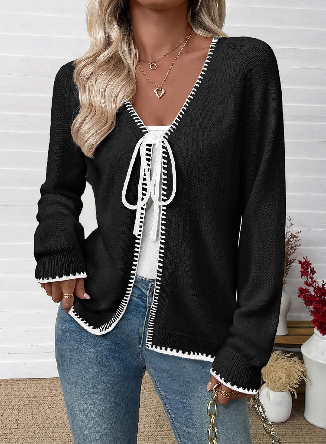 EVALESS Womens Cardigan Sweaters Trendy V Neck Long Sleeve Open Front Bow Tie Knit Chunky Lightweight Fall Outerwear - Image 3