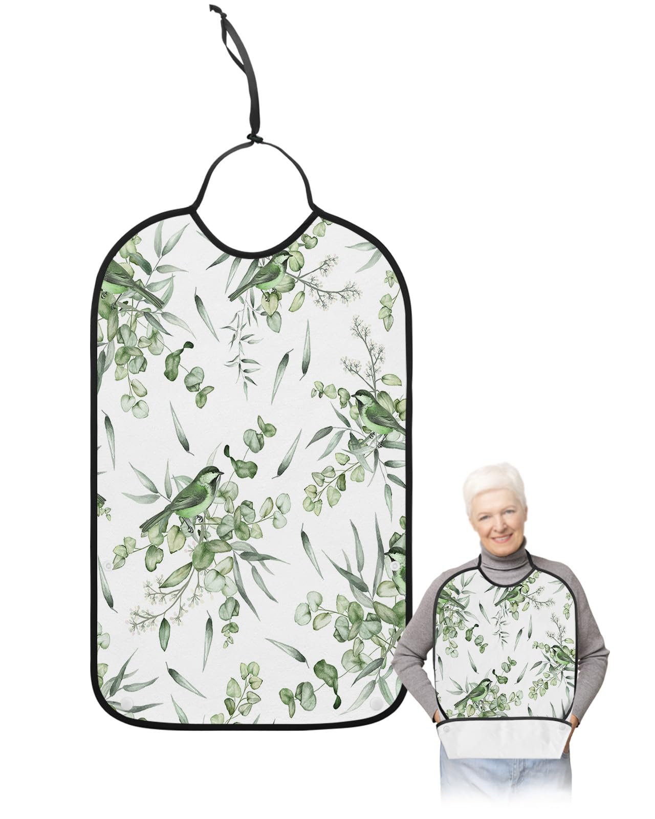 LEOKOTI Teal Summer Botanical Adult Bibs for Eating, Waterproof Bibs with Food Catcher & Adjustable Snap Closure, Watercolor Spring Floral Birds Washable Clothing Protectors Adult Bibs for Elderly