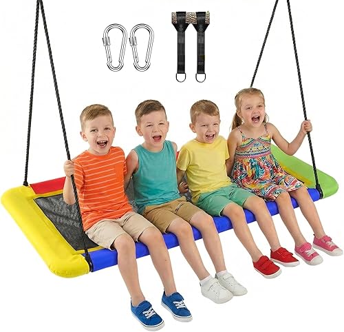 Columpio de árbol de plataforma rectangular de 60 pulgadas para niños y adultos, columpio volador gigante con correa ajustable para colgar, tela de