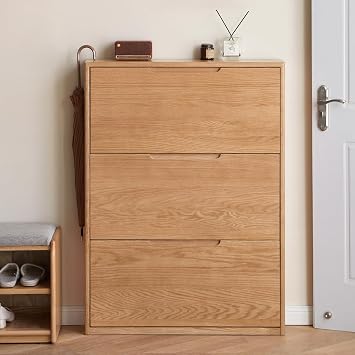Fully-Assembled Oak Shoe Cabinet with 3 Flip Drawers, 7.9 Narrow