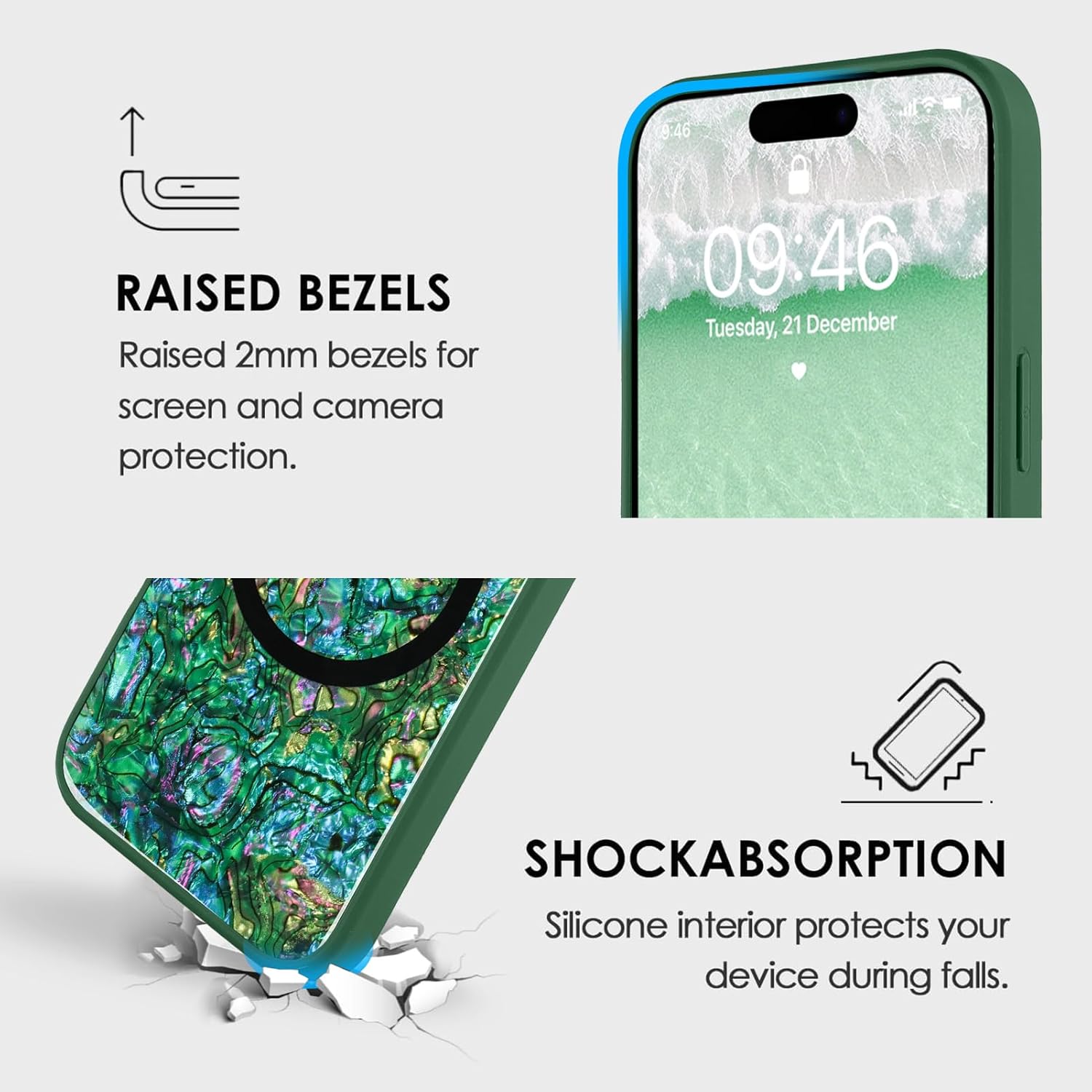 Magnetic for iPhone 17 Pro Max Case, Luxury Colorful Abalone Shell Phone Case for Women Men, Compatible with MagSafe, Cute Sparkle Glossy Shockproof Protective Cover, Emerald Green