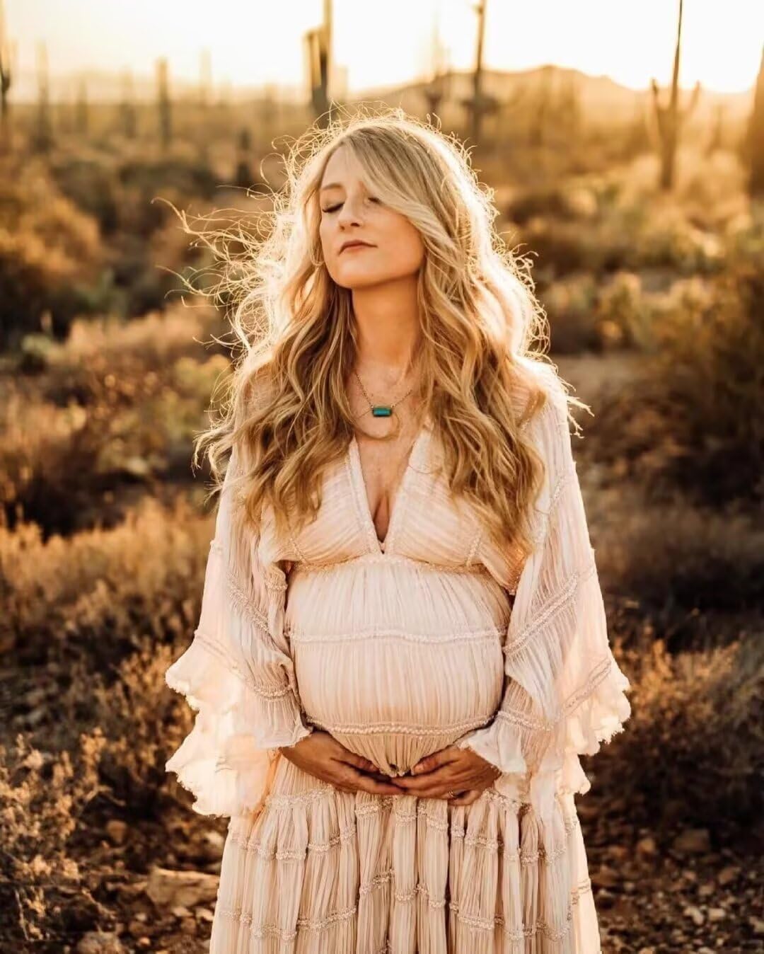 Tulle Boho Maternity Dress for Women Photoshoot Long Sleeve Off Shoulder Pregnancy Baby Shower Dress with Slit