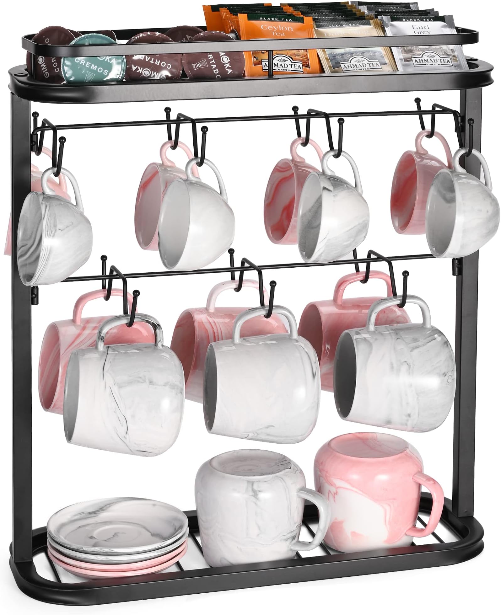 BUZIFU2 Tier Double-Side Iron Mug Holder with 14 Hooks, 2 Shelves, Holds Up to 14+ Mugs, Black, 16.7"L x 5.9"W x 19.3"H