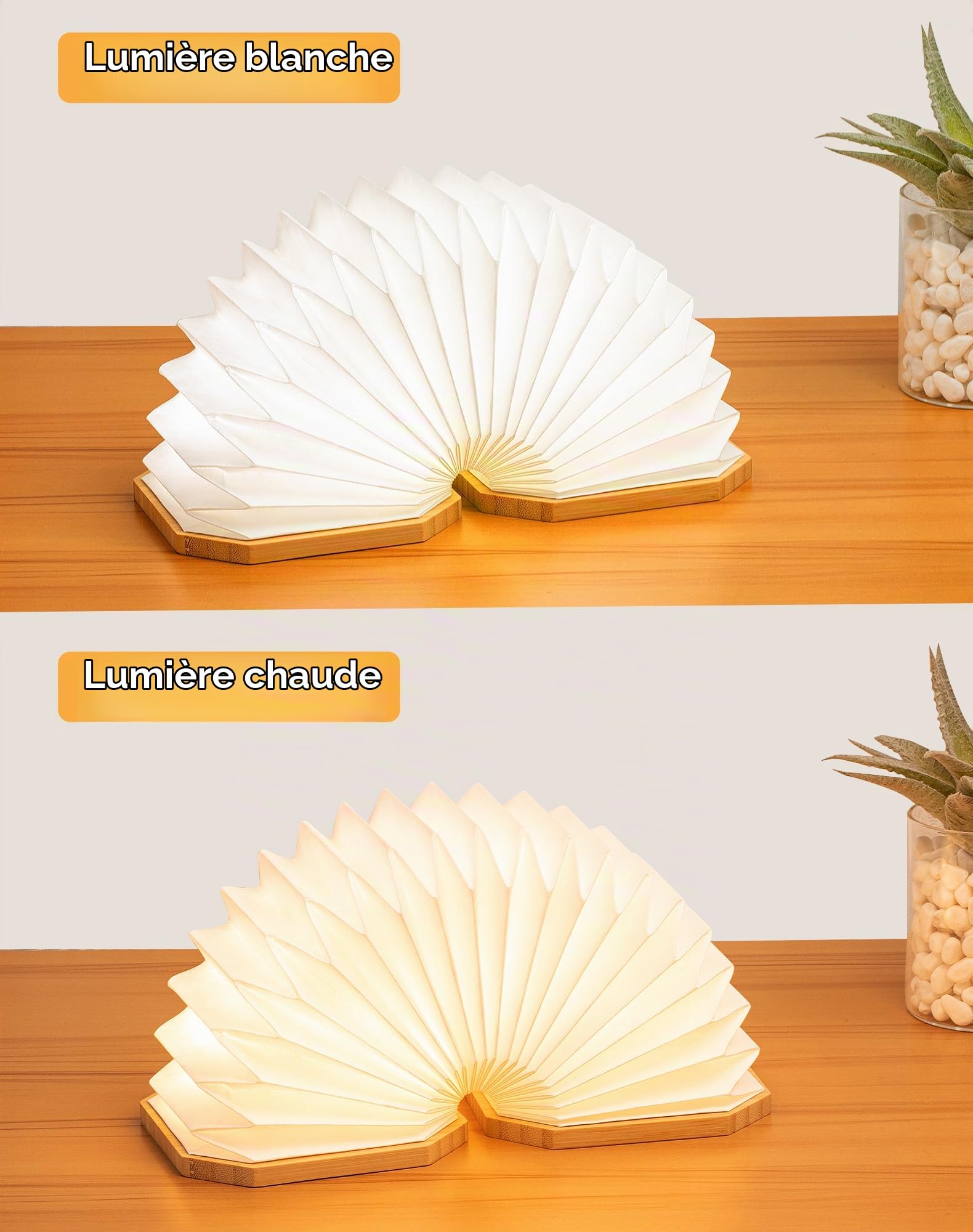 Lampe Accordéon Pliable Originale, Lampe de Bureau en Bois Portable, Lanterne en Papier LED avec USB pour Décoration Intérieure, Chambre et Bibliothèque (Bambou)