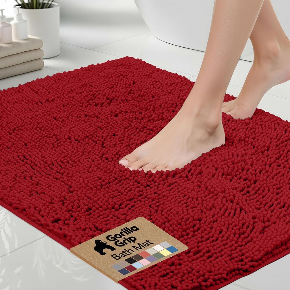 GORILLA GRIP Bath Rug Mat 36x24, Thick Soft Absorbent Chenille, Quick Dry Microfiber Mats, Rubber Backing Washable Shower Floor Rugs, Bathmat Runner, US Designed Bathroom Home Decor Accessories Red