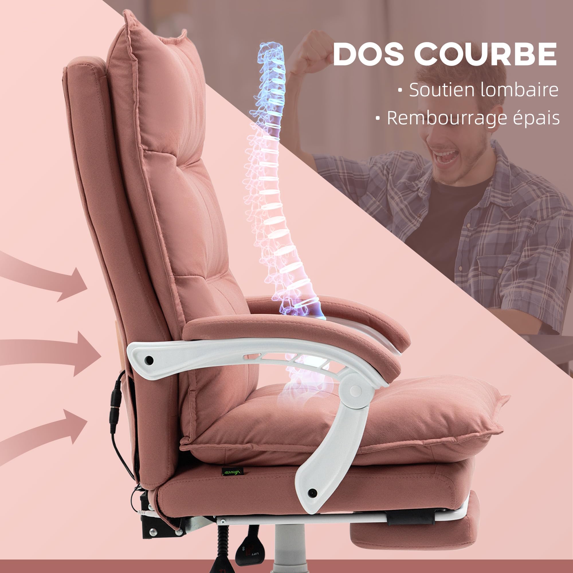 Vinsetto Fauteuil de Bureau Massant et Chauffant Hauteur Réglable Rose
