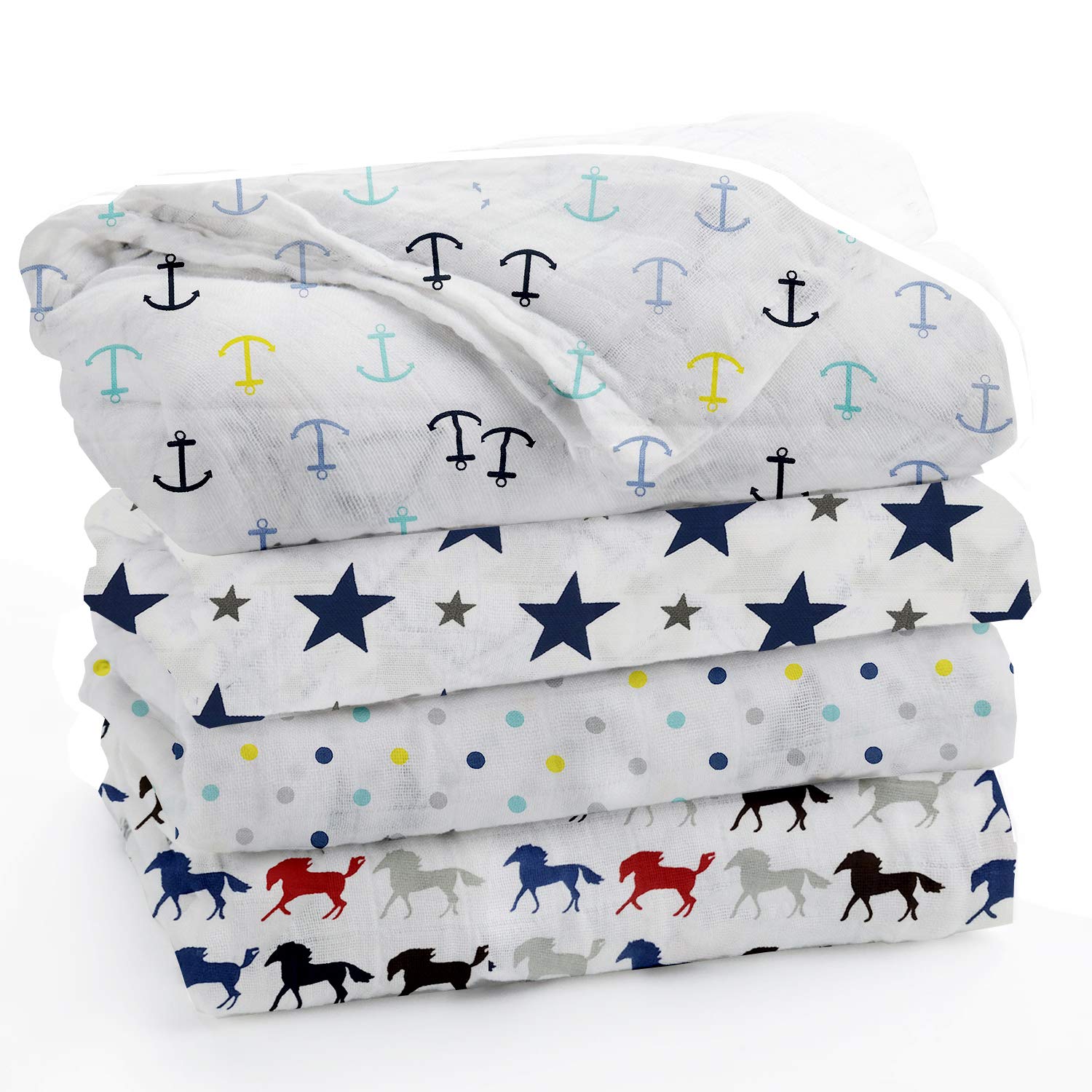 linenaffairs Muslin Baby Swaddle Set, Printed Muslin Swaddle Wrap for New Born Baby Pack of 3 Baby Bath Towel, Pack of 4 - Arrow, Navy Star, M Polka & Horse
