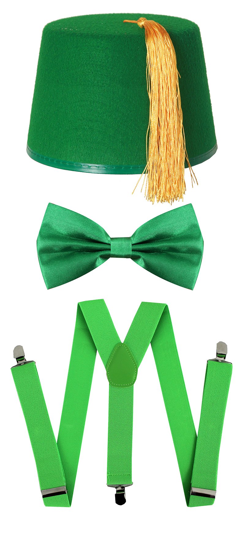 GREEN FEZ + BOWTIE + BRACES FANCY DRESS ACCESSORY SET SPACE TIME DOCTOR TRAVELLER COSPLAY OUTFIT GREEN BOW TIE
