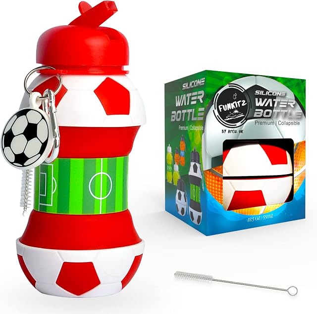Kids Football Water Bottle - Unique Football Gifts for Boys and Girls - Cool Kids Water Bottle, Collapsible, Leakproof - Boys Water Bottle - BPA Free - 550 ml