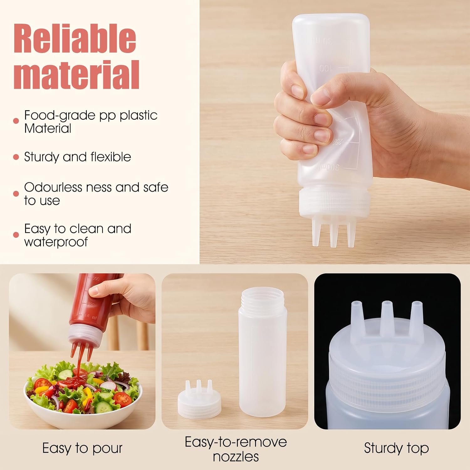 3PCS 3 Hole Squeeze Bottle for Sauces, 12oz/300ml Drizzle Bottle with Scale