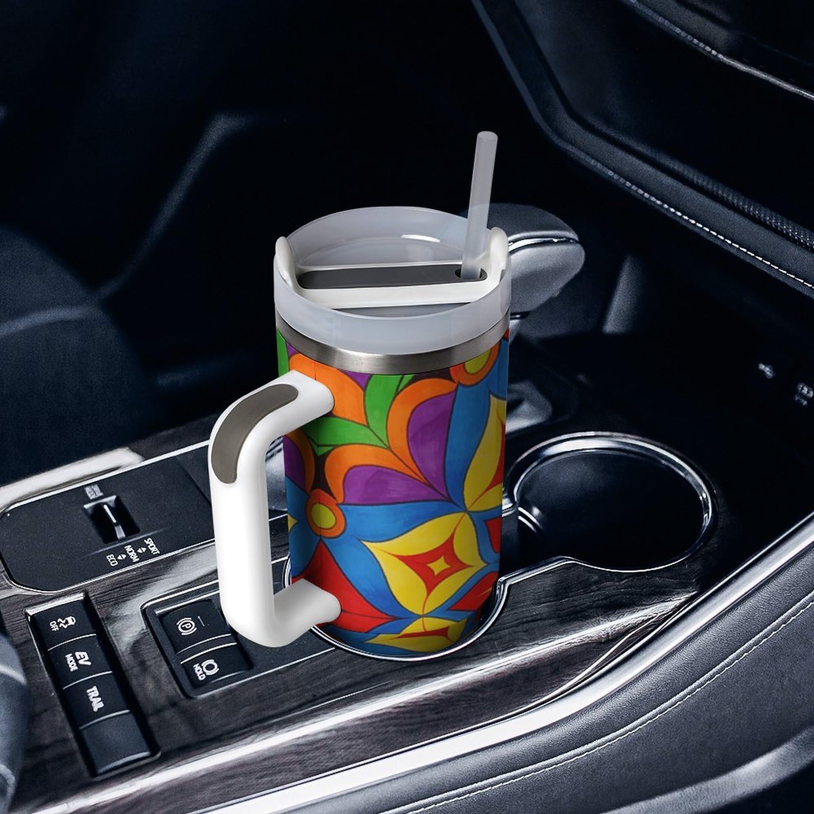 Tazza da caffè da viaggio con mandala colorato, in acciaio inossidabile, tazza da caffè con coperchio e cannuccia, tazza con manico, grande capacità, doppia parete, sottovuoto, a prova di