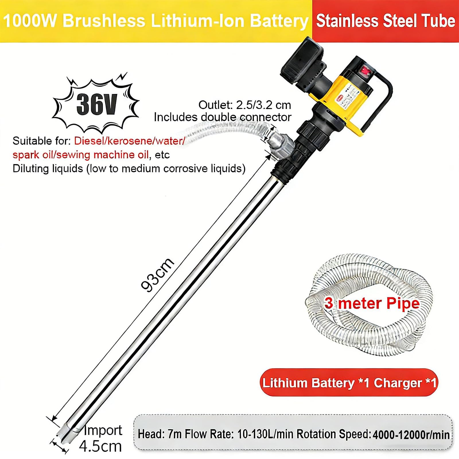 Bomba de aceite eléctrica, bomba de transferencia de combustible inalámbrica de alto flujo de 1000 W, velocidad ajustable de 130 l/min para diésel y aceite de alta viscosidad