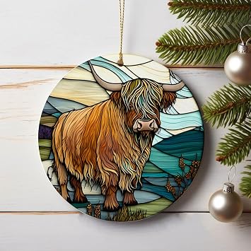 Christmas Ornament Christmas Decoration Holiday Present Idea Round Ceramic Gift Exchange Gift Idea Highland Cow Ornaments Christmas Decorations for Tree Kids Sublimation Ceramic