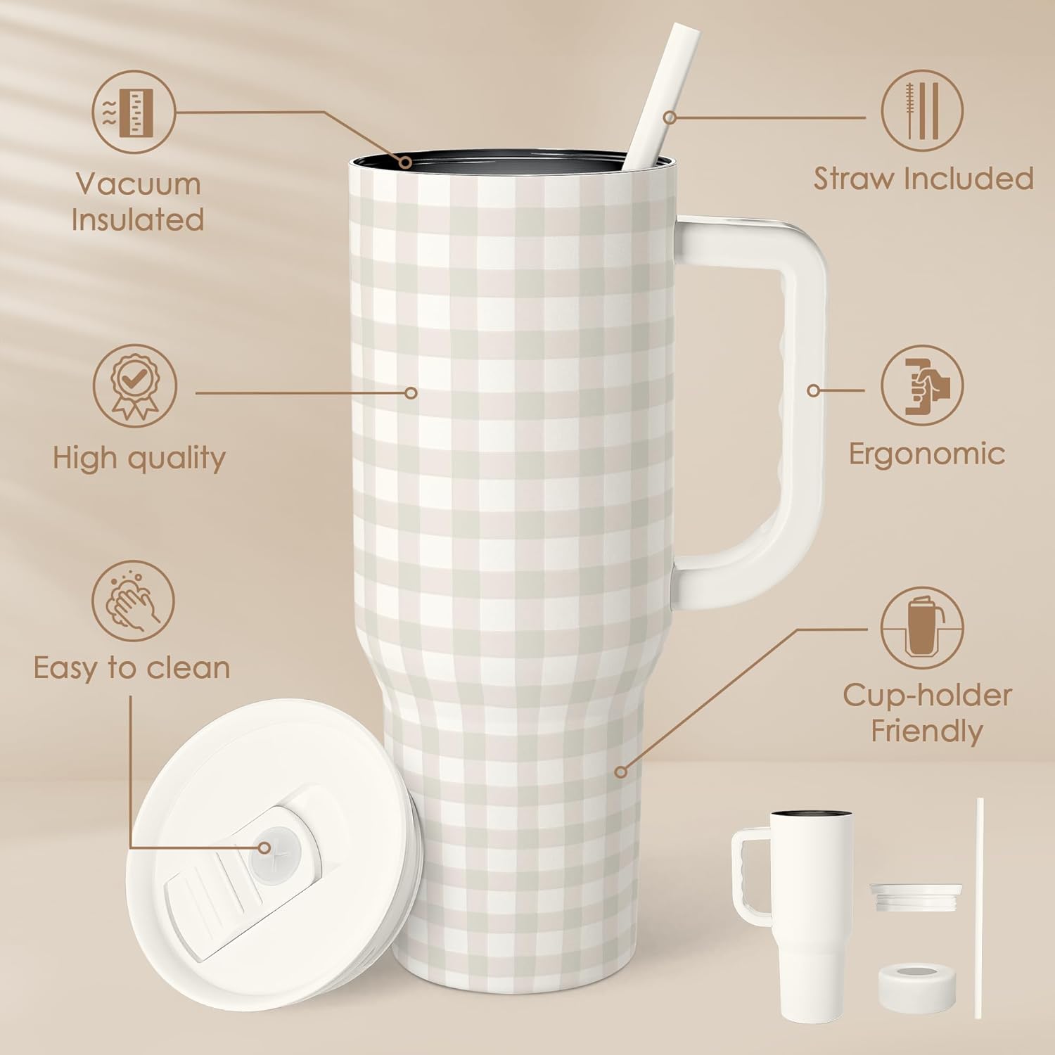 SANDJEST Grey Gingham 40oz Slider Tumbler with Handle and Straw - Insulated Stainless Steel Travel Coffee Mug for Women Girls, Gift for Birthday, Christmas - Image 2