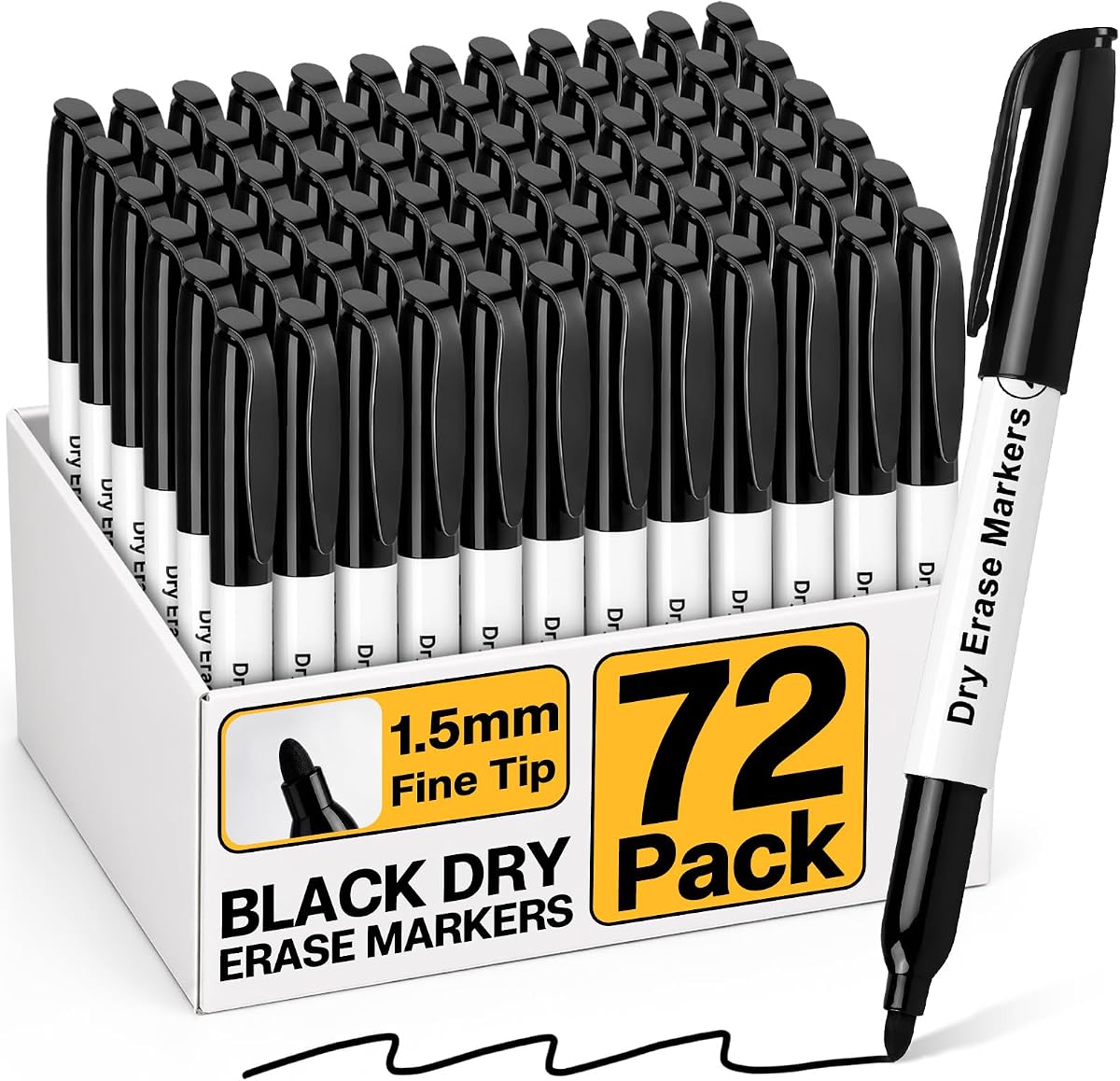 72 Pack Fine Tip Black Dry Erase Markers | Bulk Whiteboard Markers, Non-Toxic, Easy Clean, Erasable, School Classroom, Office Supplies