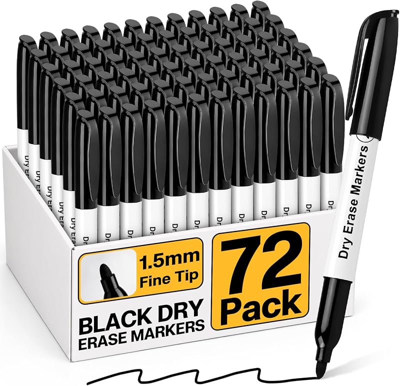 72 Pack Fine Tip Black Dry Erase Markers | Bulk Whiteboard Markers, Non-Toxic, Easy Clean, Erasable, School Classroom, Office Supplies