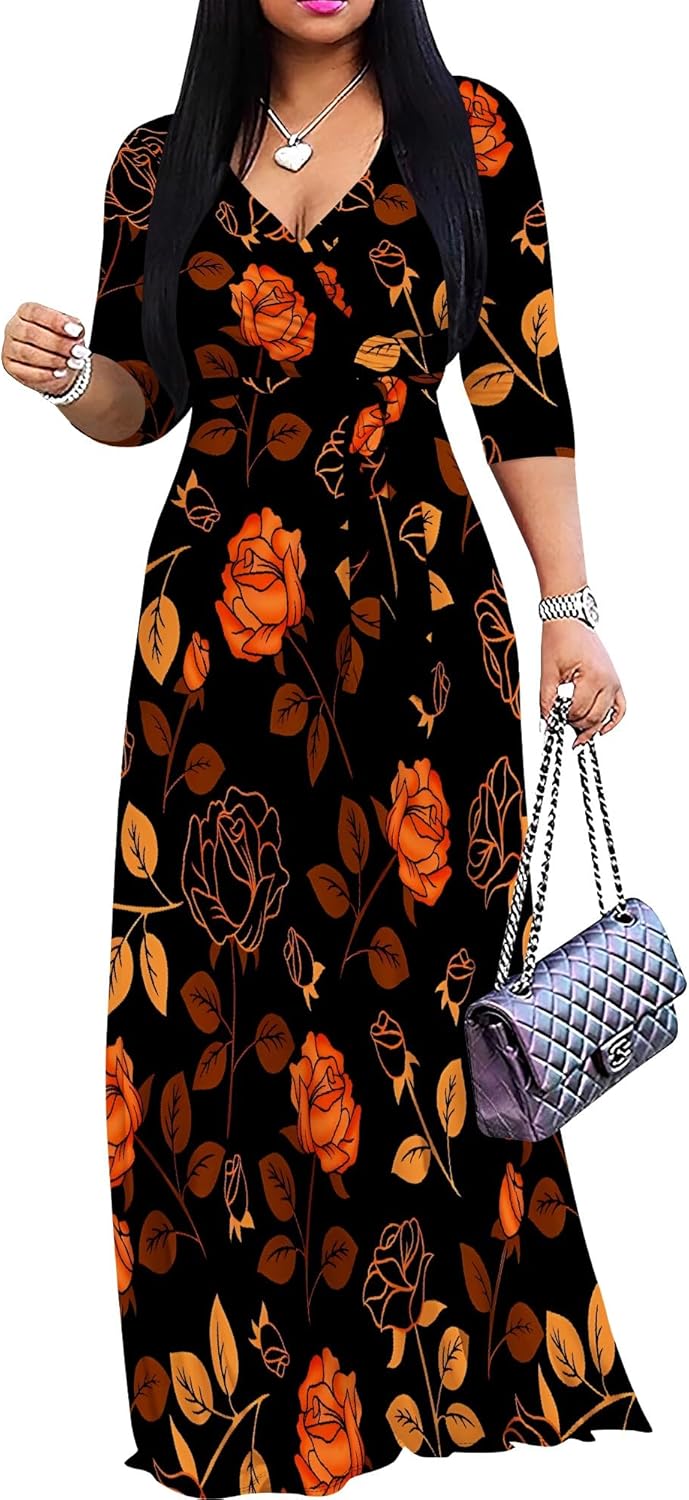 Women's Plus Size Maxi Dress with Pockets - V Neck 3/4 Sleeve Wrap Boho Floral Long Dresses