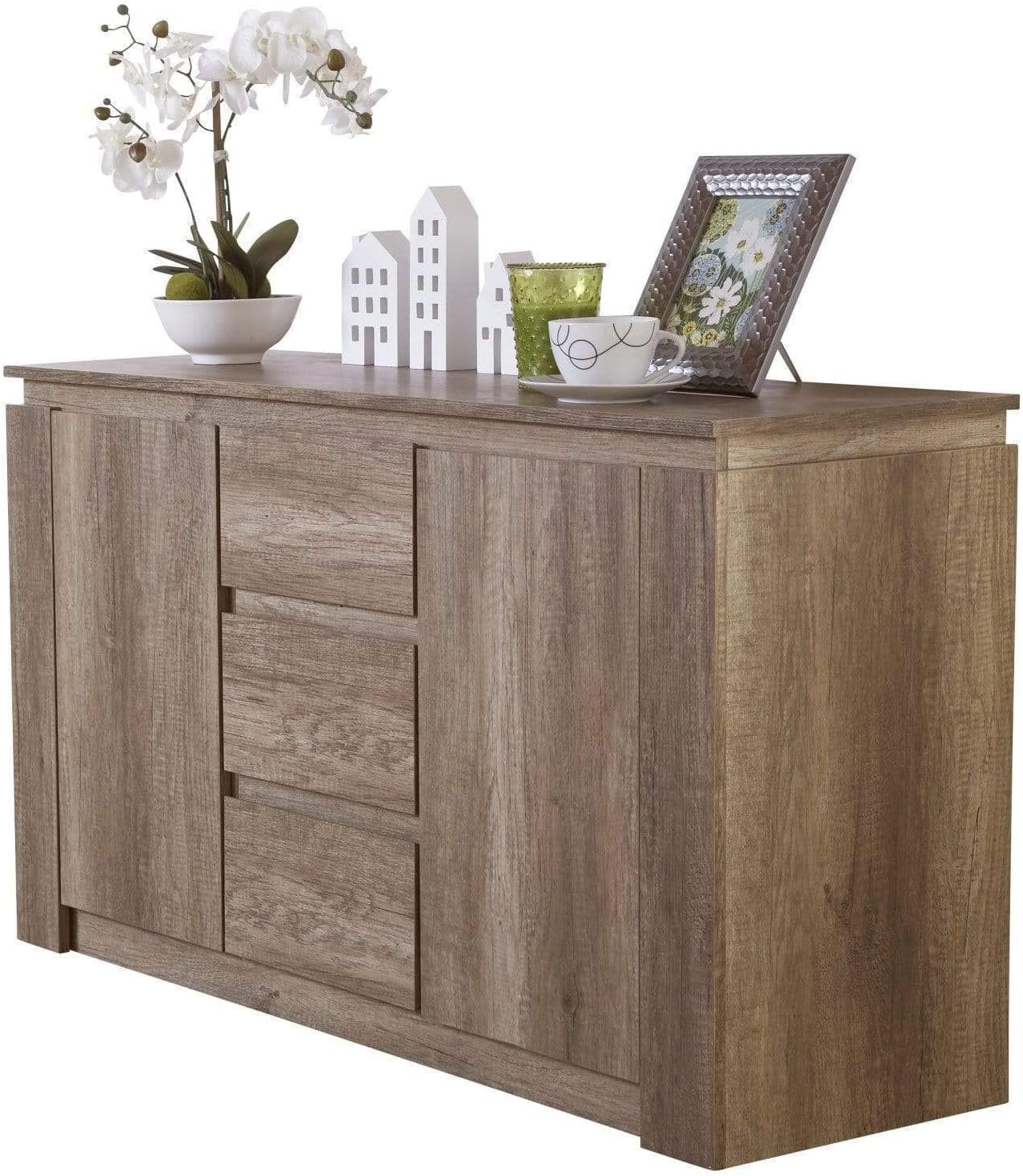 Canyon Sideboard Unit, 3 Storage Drawers And 2 Doors Storage Cabinet, Adjustable Shelves, Contemporary Wooden Oak Sideboards For Living Room, Kitchen, And Bathroom, 39.5 x 119 x 70 cm