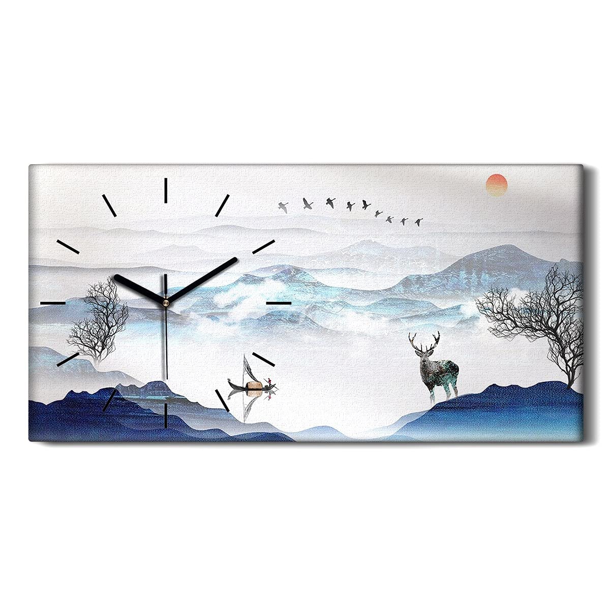 Horloge silencieuse de salon sur toile 60x30cm avec cerfs et montagnes
