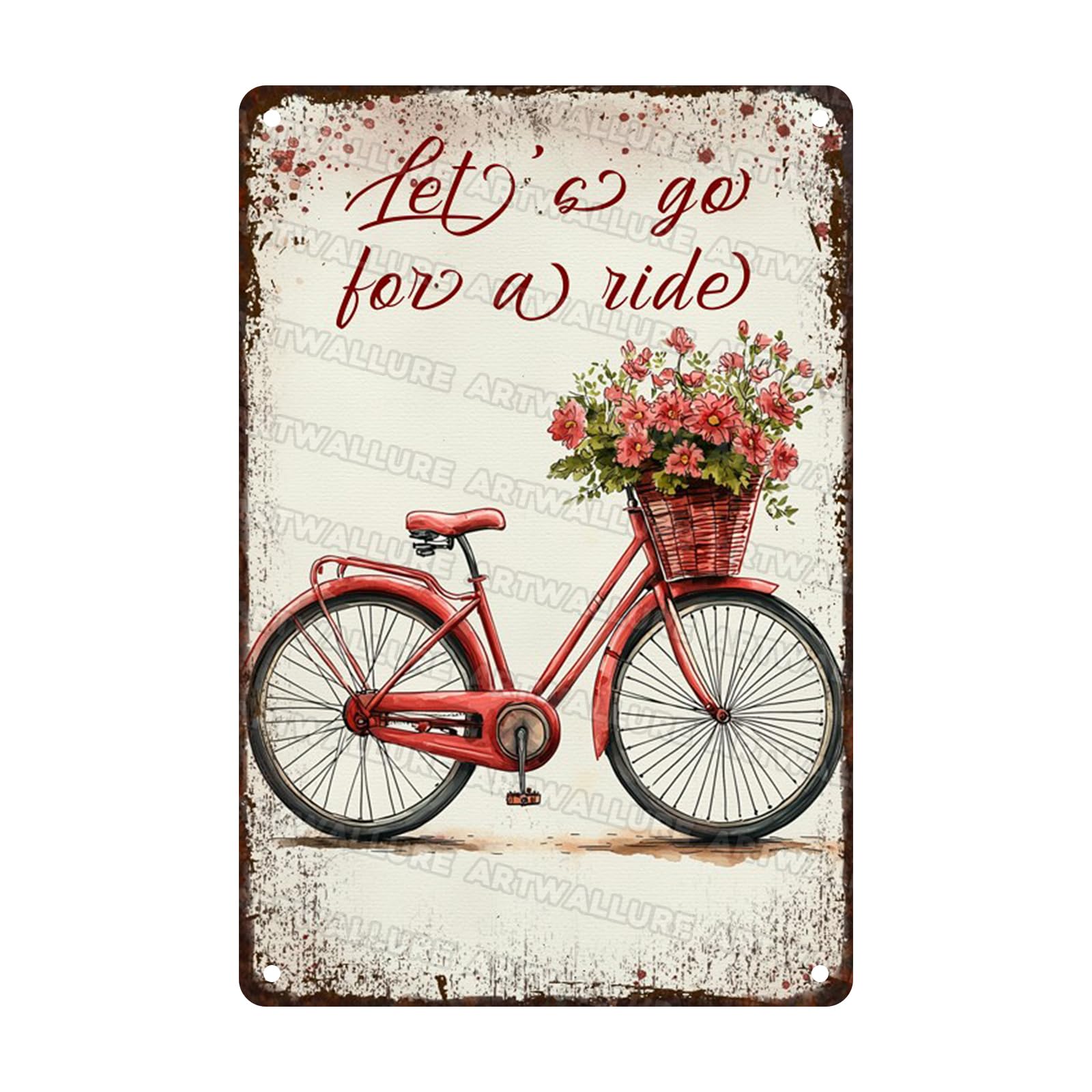Bike with Flower Tin Sign Let's Go for A Ride Metal Sign Wall Decor Farmhouse Decor for Home Cafes Office Pubs Club Sign 8x12inch