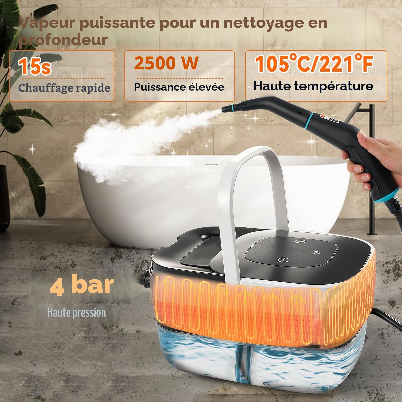 Nettoyeur à main vapeur haute pression 2500 W 4 bar, réservoir de 1250 ml, 6 niveaux, appareil de nettoyage sous pression haute température pour voiture, fenêtres, cuisine, sol, meubles