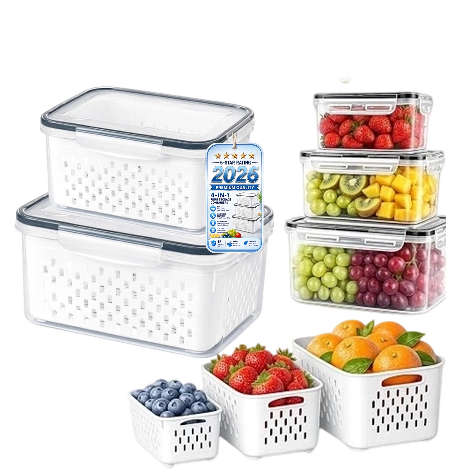 4-in-1 Fruit Storage Containers for Fridge, Berry Storage Containers with Removable Colander and Airtight Lid, Produce Keeper Drain Basket for Salad, Vegetables, Meat and Fresh Food (S+M,GREY)