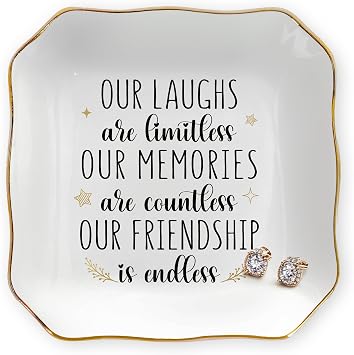 OASSIE Friendship Gifts for Women - 4"x4" Ceramic Jewelry Dish Tray - Best Friend Birthday Gifts for Women Friendship Bestie BFF Soul Sister, Friend Gift Ideas, Gold Rim Decorative Trinket Dish
