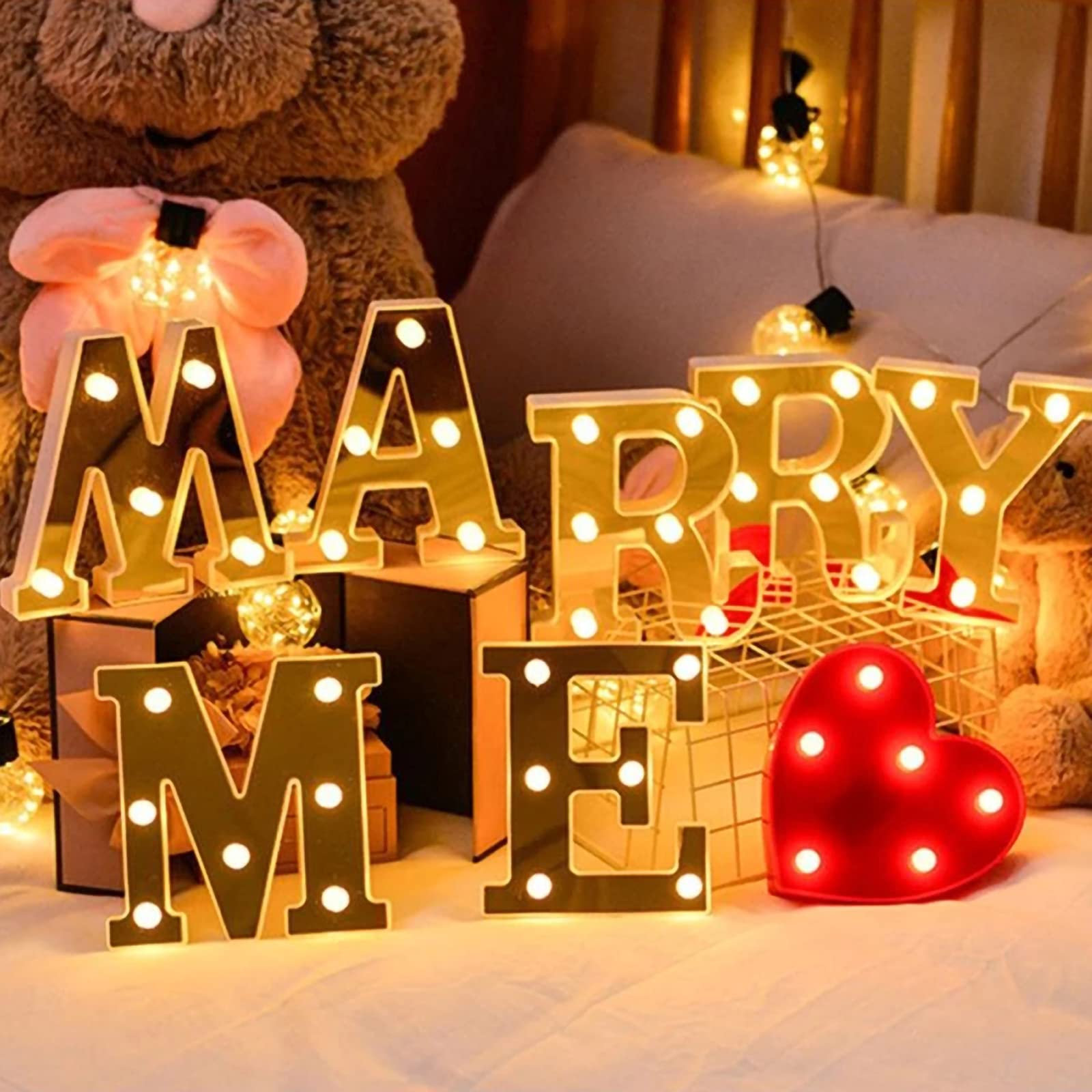 Marry Me - 7 lettere decorative a LED, con funzionamento a batteria, per decorazione romantica della casa, matrimonio, proposta di matrimonio, fidanzamento, compleanno, festa di compleanno