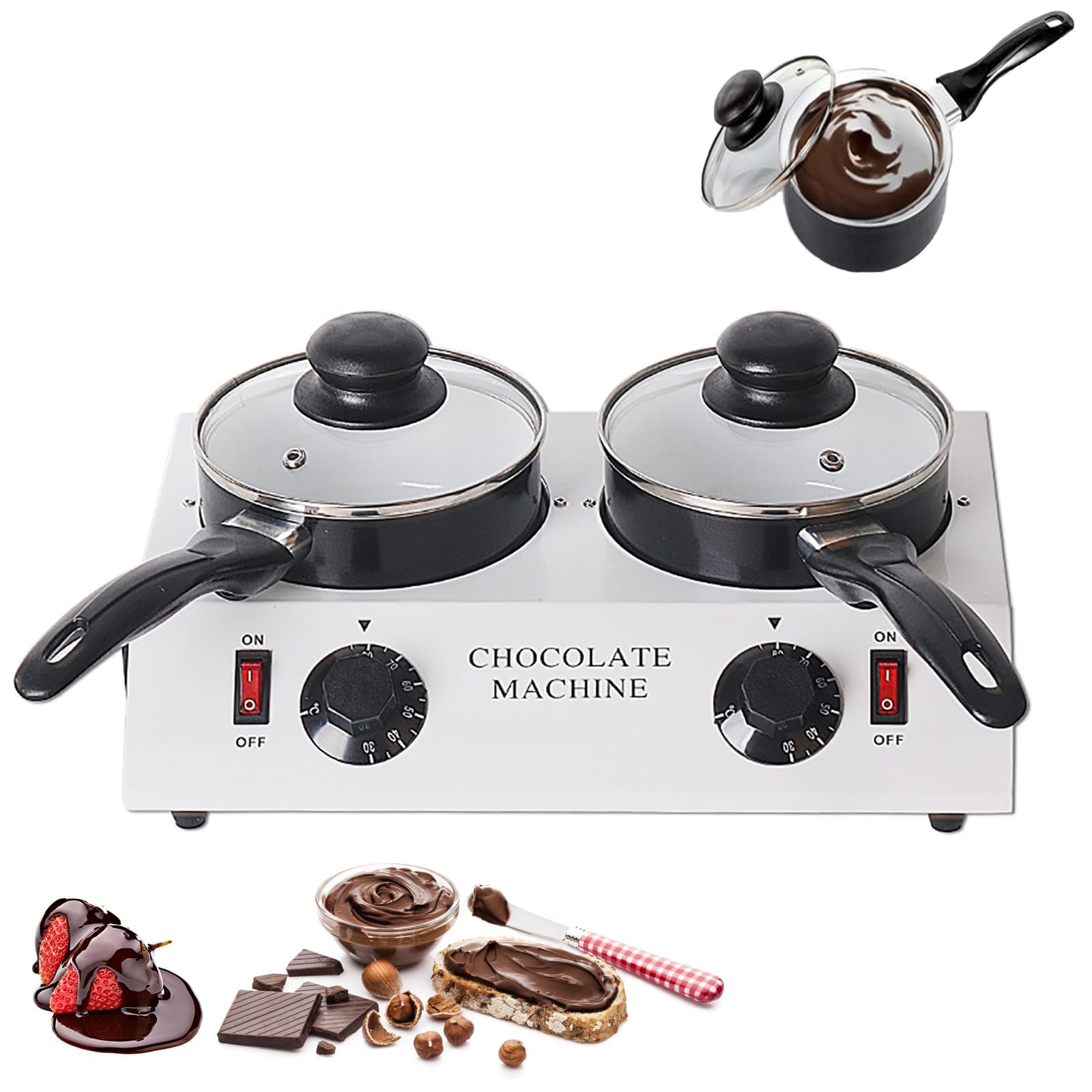 Machine à Fondre Le Chocolat, Pot de Fusion de Chocolat électrique 30 °C ~ 80 °C avec 2 poêles antiadhésives en céramique, tempéreuse de Chocolat Professionnelle