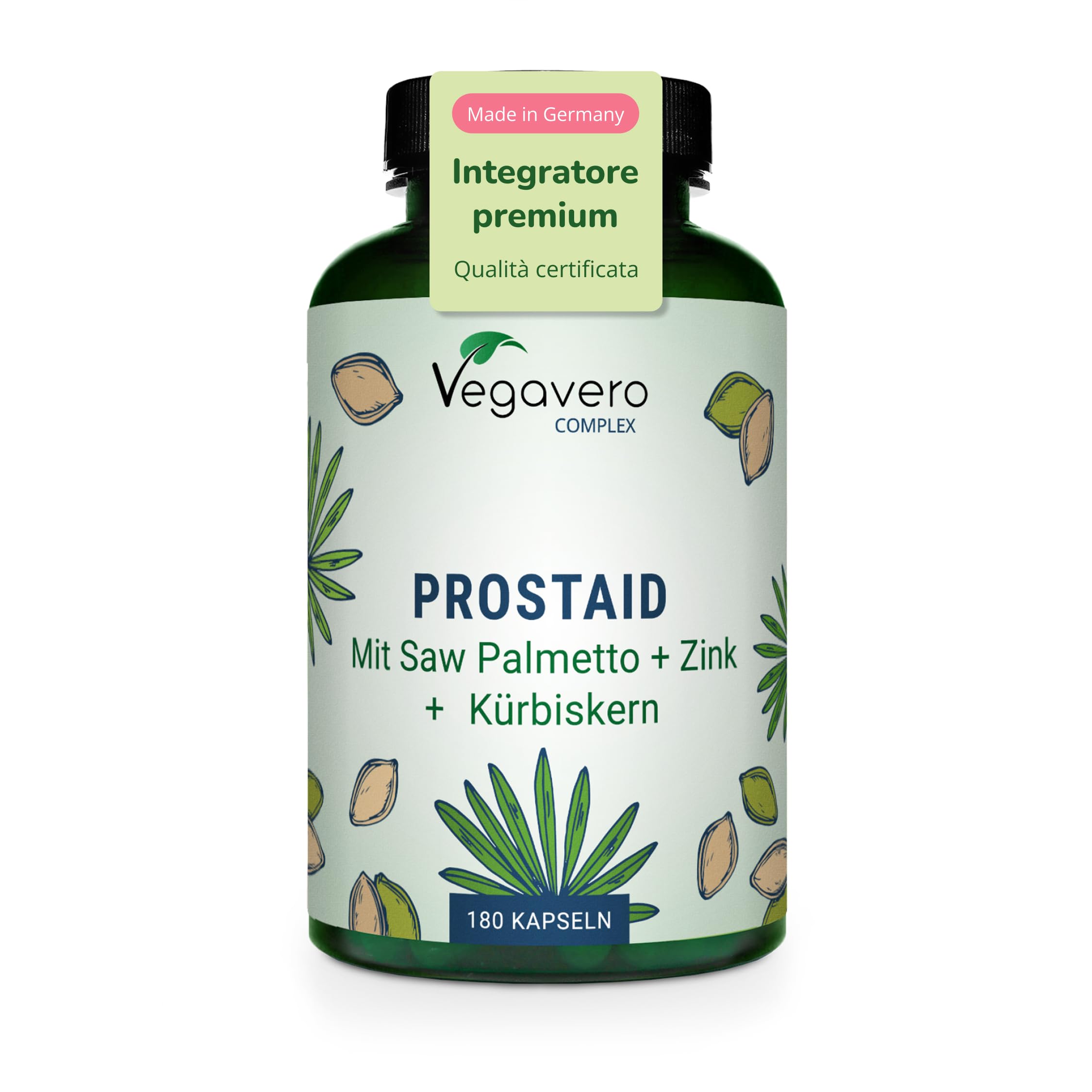 Integratore PROSTATA Vegavero® | 180 capsule | con Serenoa Repens, Ortica, Zucca, Zinco e Selenio | Titolato in Acidi Grassi | per Vie Urinarie Uomo | Vegan