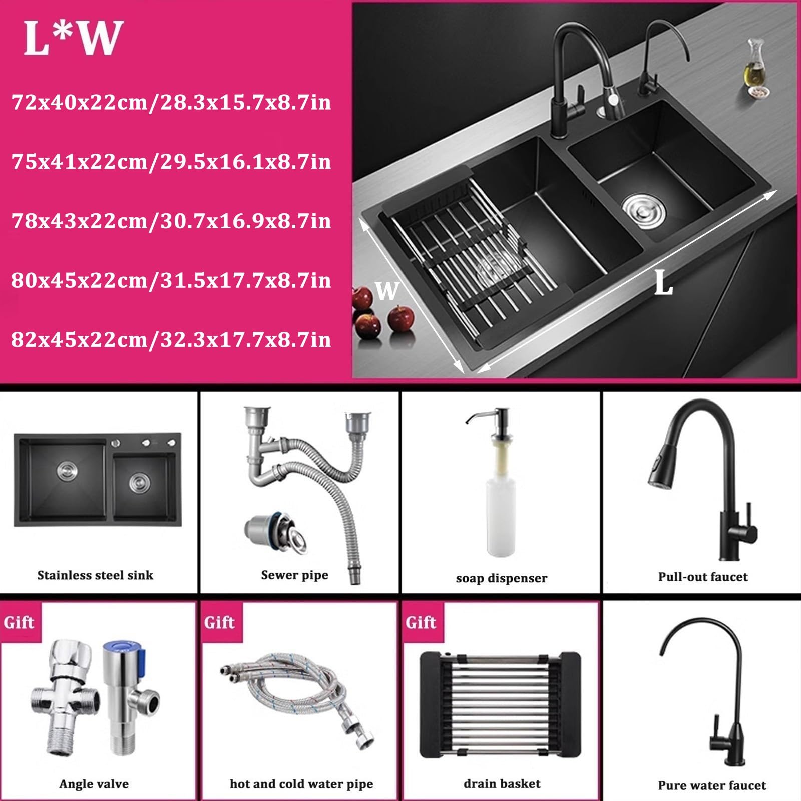 Fregadero De Cocina De Dos Senos Fregadero De Acero Inoxidable Negro Fregadero De Cocina Grifo Extraíble Negro Accesorios Completos(82x45x22cm)