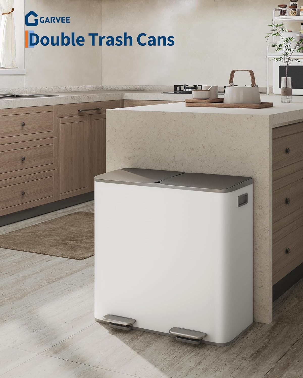 Garvee Mülleimer Küche 2 x 40L Edelstahl – Doppelfach Mülltrennsystem | mit Soft-Close-Deckel, Tretmechanismus und herausnehmbaren PP-Inneneimern, Grau-Weiß