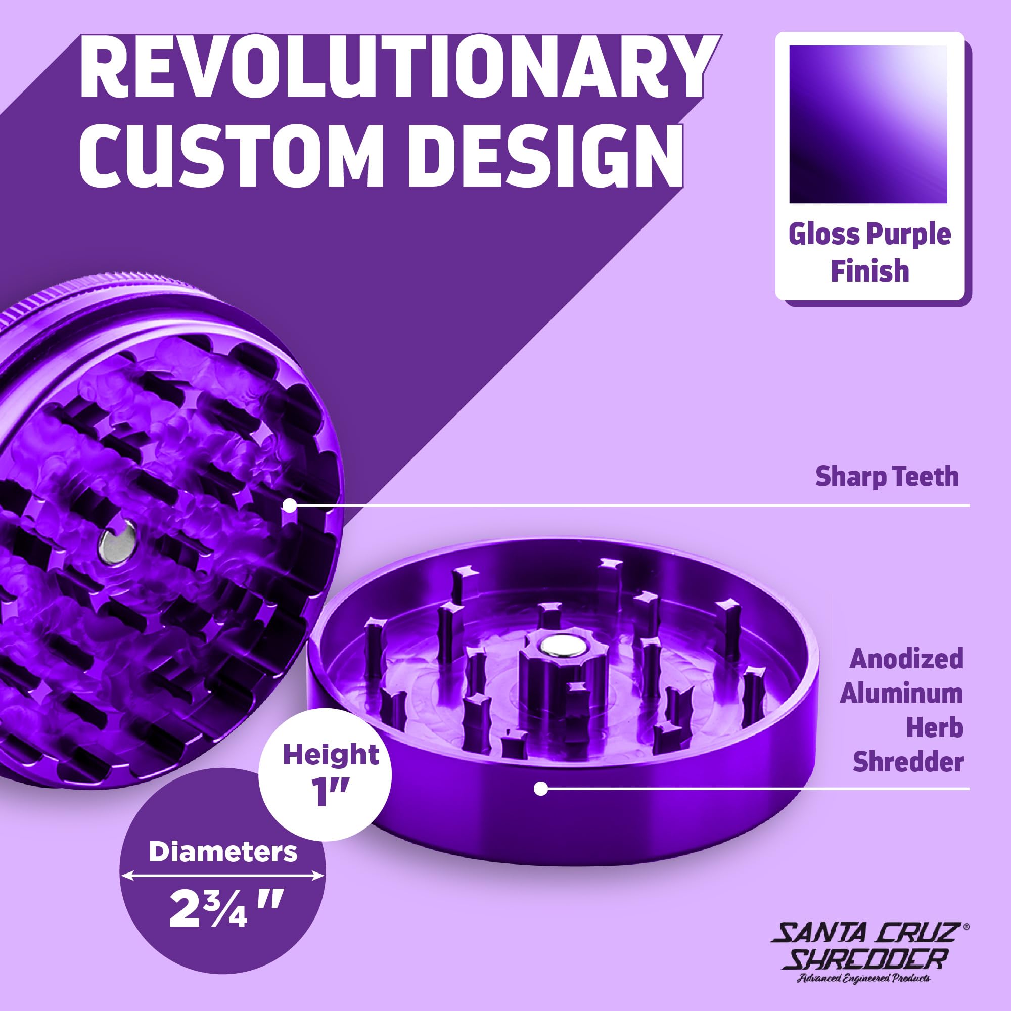 Santa Cruz Shredder Metal Herb Grinder Knurled Top for Stronger Grip 2-Piece 2.7" (Purple), Dimensions: 2-3/4″ Diameter, Height 1" - Image 2