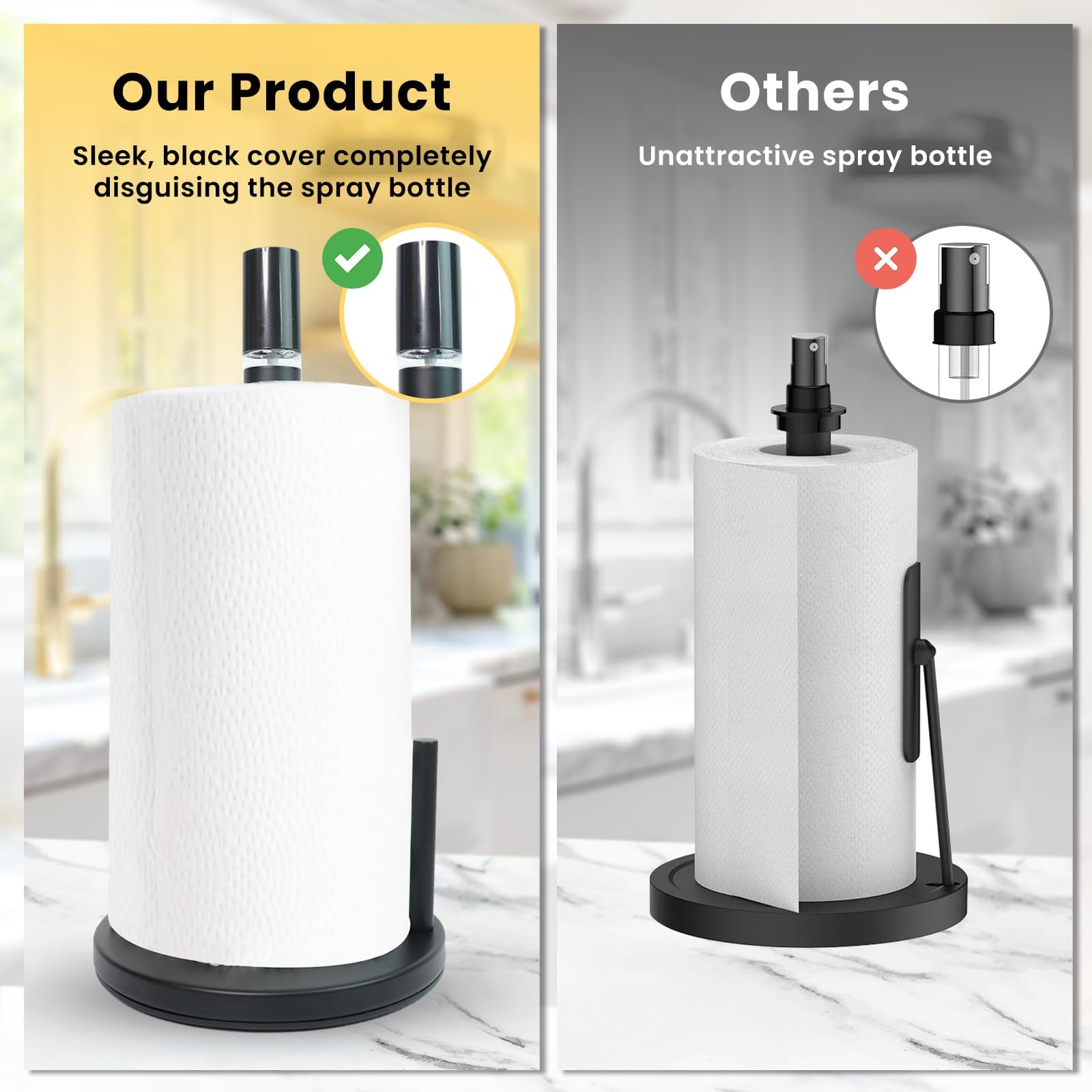 Atractivo soporte para toallas de papel 2 en 1 con botella de spray, soporte para toallas de papel negro mate para encimera y botella de spray, soporte de rollo de papel de pie para cocina y 2
