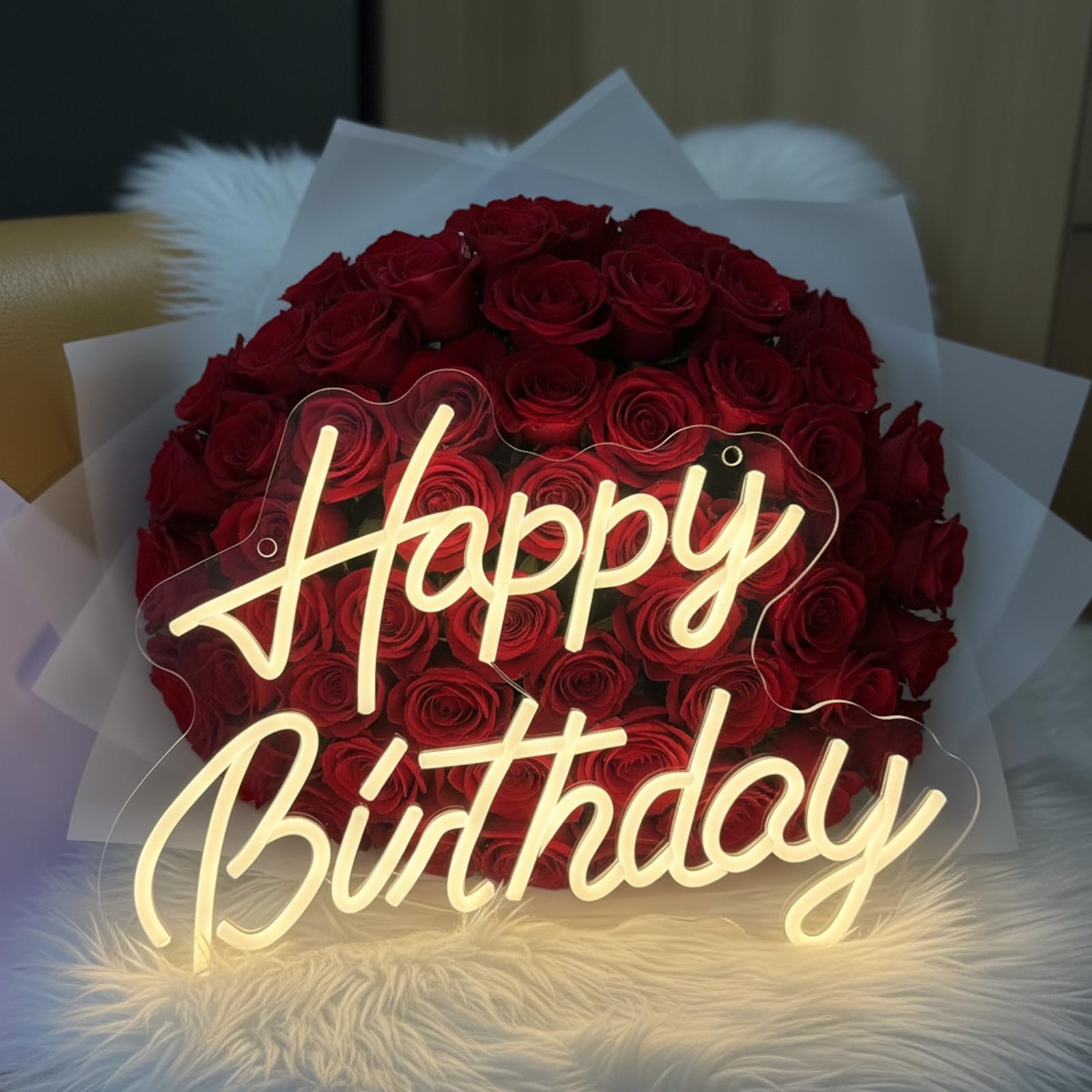 GENDLTHIJ Neon "Happy Birthday" do dekoracji ścian, ciepła biel LED, artystyczna dekoracja, neonowy znak świetlny na każdą imprezę urodzinową (biały)