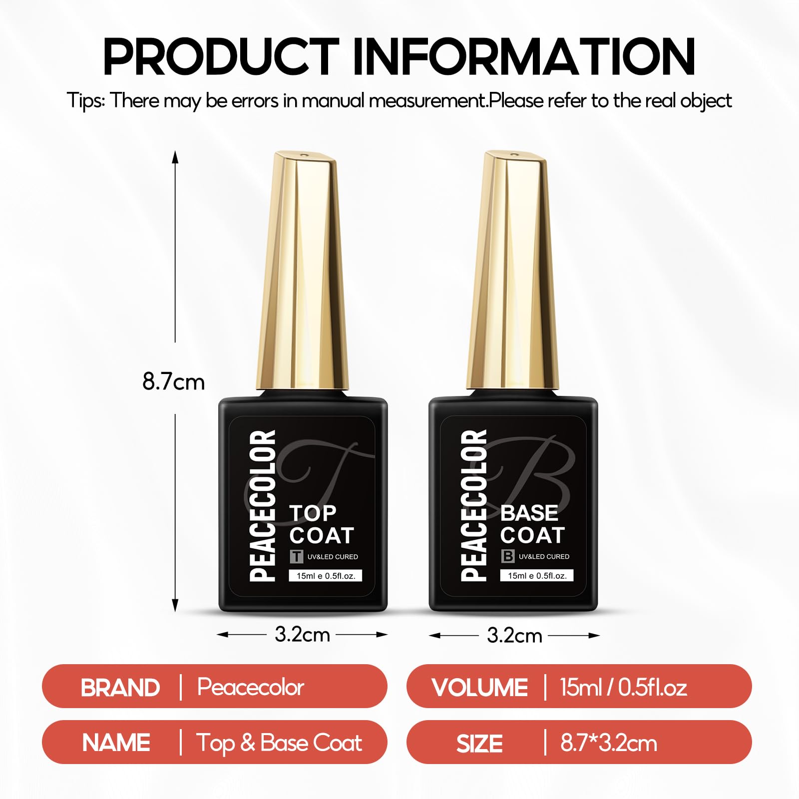 PEACECOLOR 15ML Base et Top Coat Vernis Semi Permanent Soak-Off UV/LED Gel UV No Wipe Top Coat et Base Coat pour Manucure DIY Home