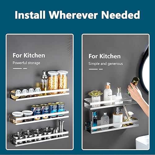 Miniatura 4 de GEINIFAFA Estantes flotantes de almacenamiento de metal inoxidables, estante rectangular montado en la pared para dormitorio, baño, sala de estar,