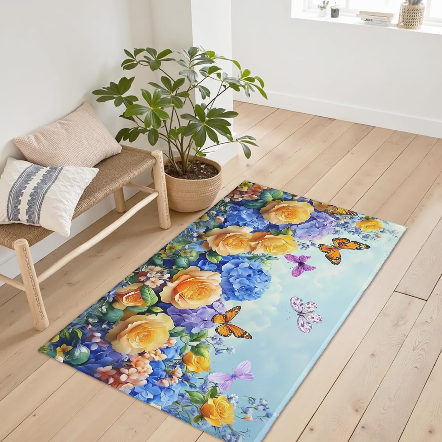 Hydrangea Rose Area Rug 2x3 Spring Summer Floral Butterfly Small Rugs for Entryway Non Slip Front Door Mats Soft Low Pile Washable Throw Rug for Kitchen Bathroom Bedroom Living Room