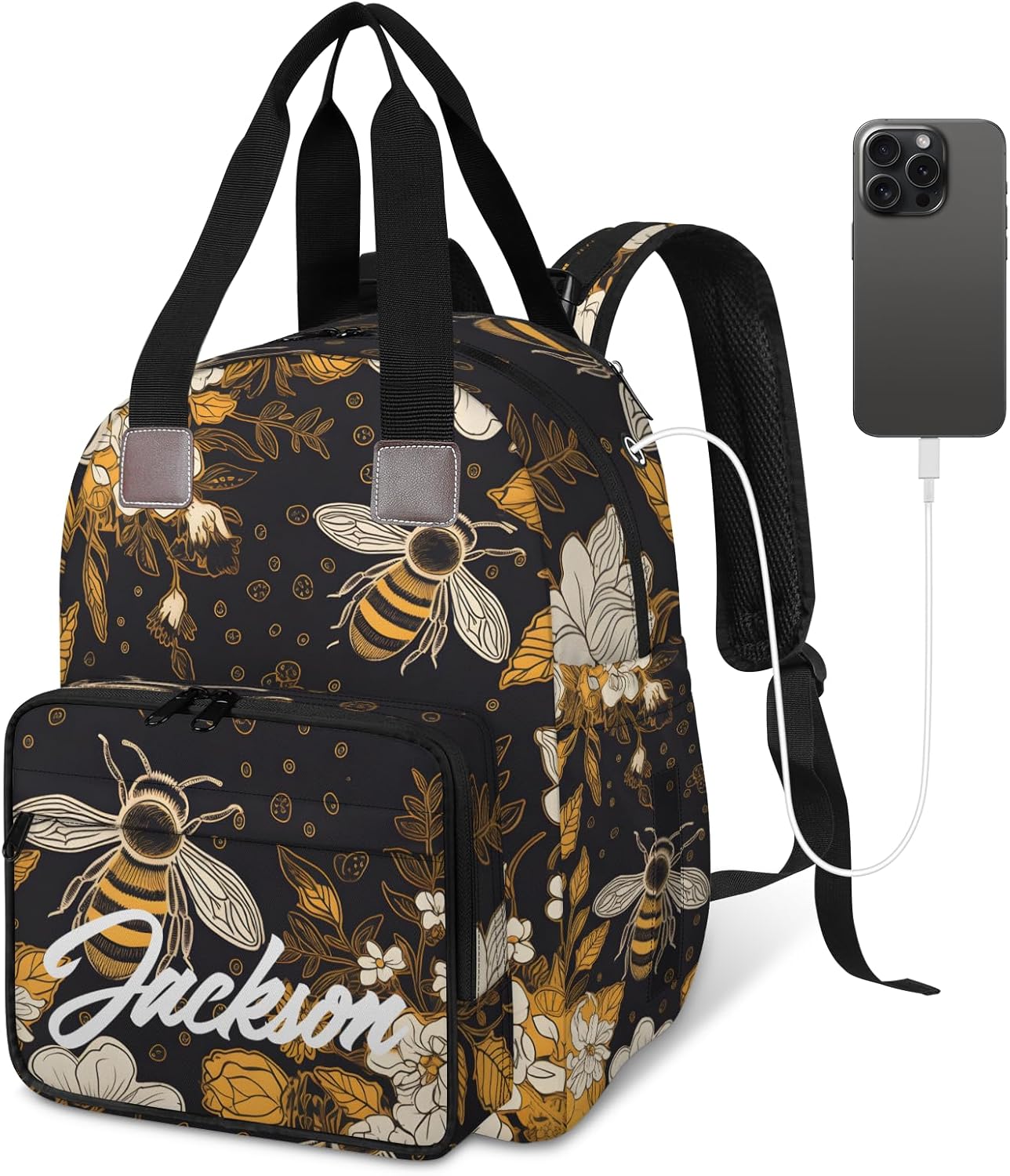 Honeybaby Custom Backpack with Name, Personalized Diaper Bag Backpack, Bees and Flowers Waterproof Baby Bag for Mom, Large Capacity, USB Port & Stroller Straps - Custom Gift