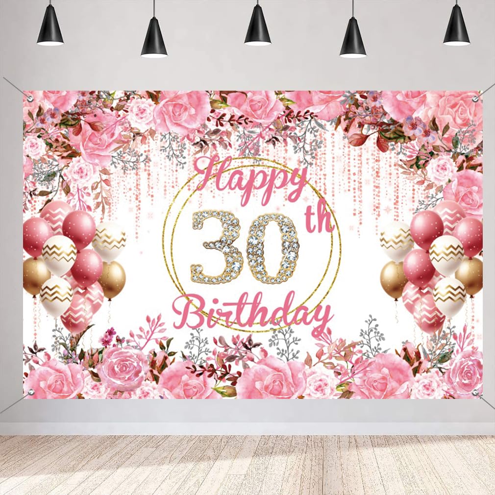 30th Birthday Decoration for Women, 30 Years Old Banner Fabric Sign Poster, Happy 30th Birthday Party Background Banner Wall Door Decoration Pink Flower Welcome Sign, 150 cm x 90 cm